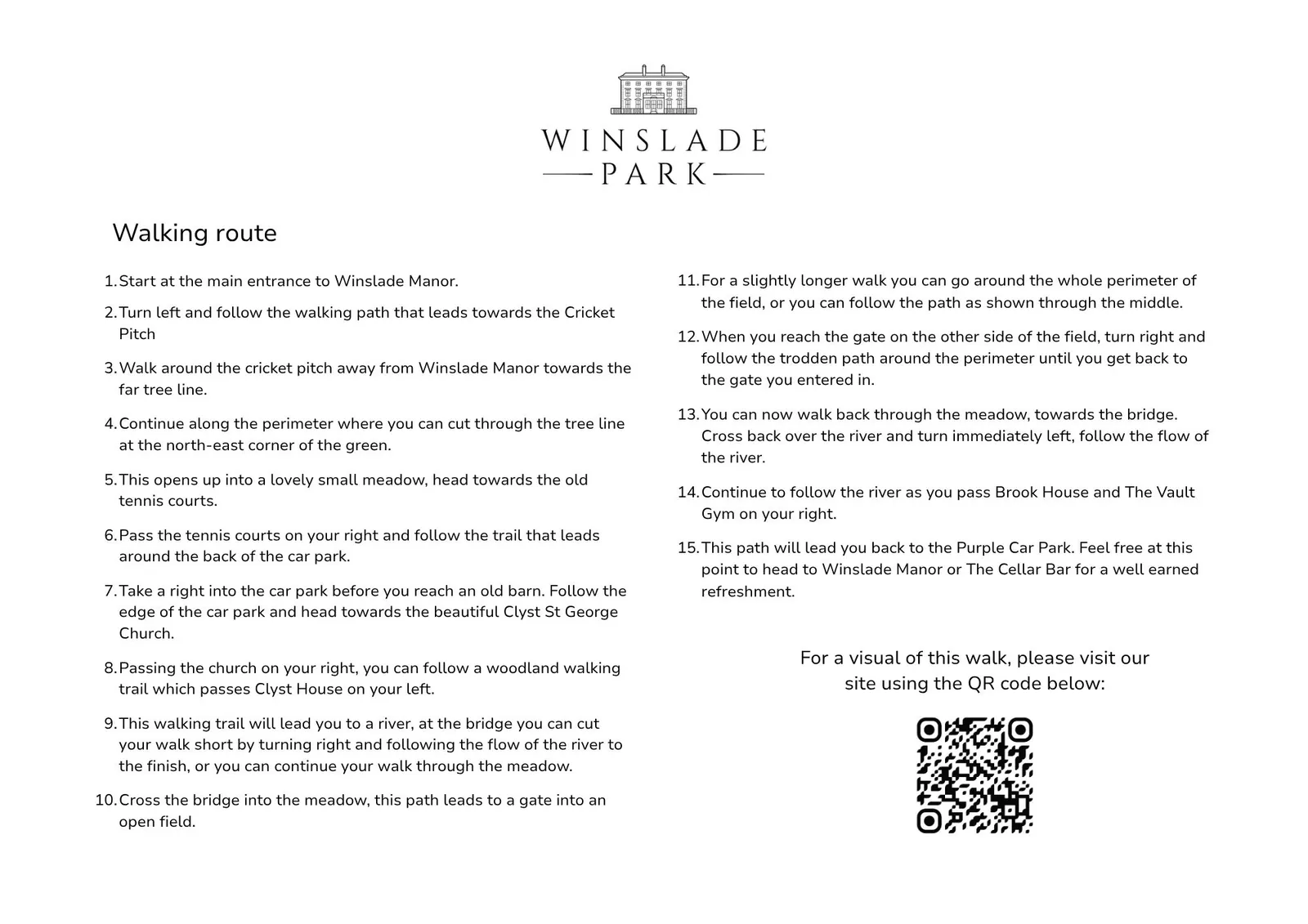 wp-walking route-directions Directions of the trail route around Winslade Park estate