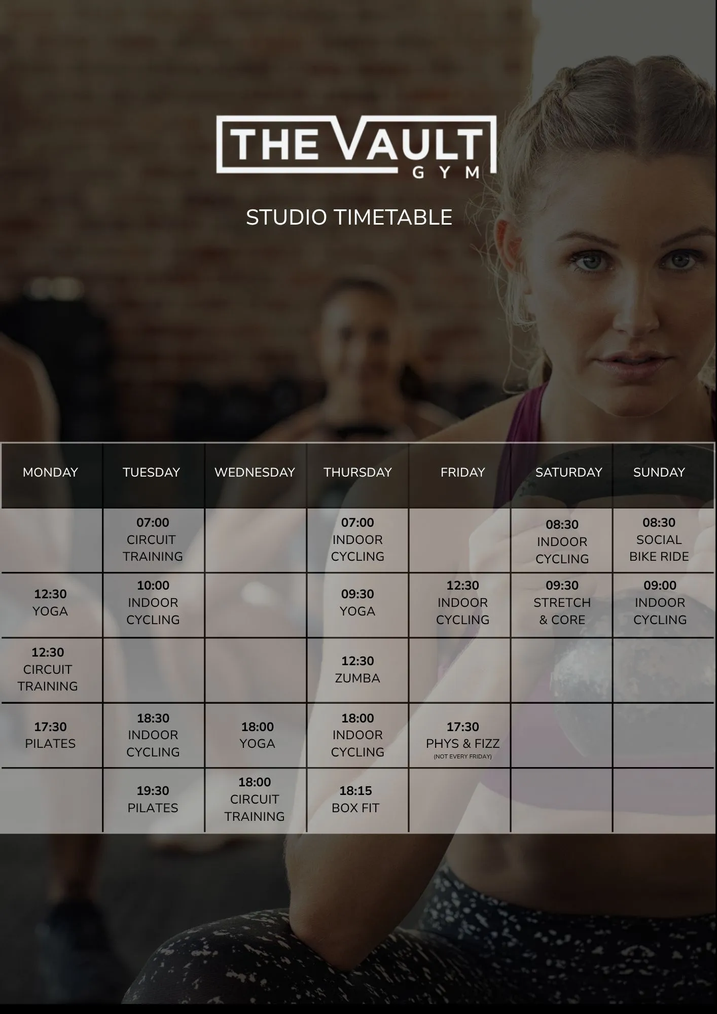 The class timetable for The Vault Gym at Winslade Parkn in Exeter